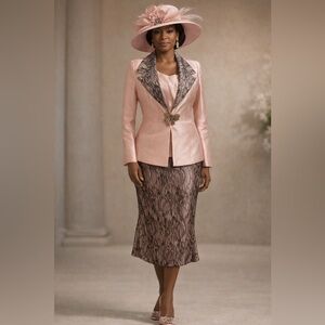 Moshita Couture 3 Piece Pink Satin & Black Lace Mesh Formal Suit NWT SZ 14